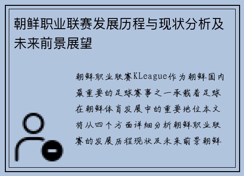 朝鲜职业联赛发展历程与现状分析及未来前景展望