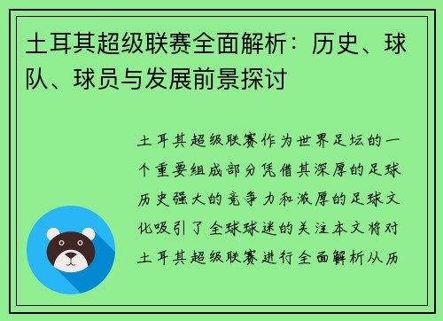 土耳其超级联赛全面解析：历史、球队、球员与发展前景探讨