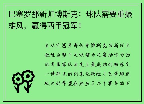 巴塞罗那新帅博斯克：球队需要重振雄风，赢得西甲冠军！