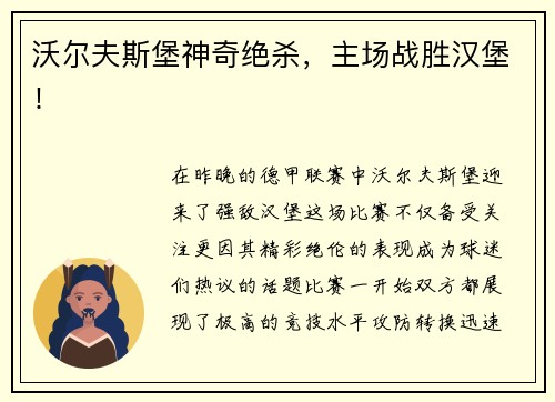 沃尔夫斯堡神奇绝杀，主场战胜汉堡！