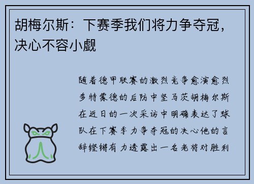 胡梅尔斯：下赛季我们将力争夺冠，决心不容小觑